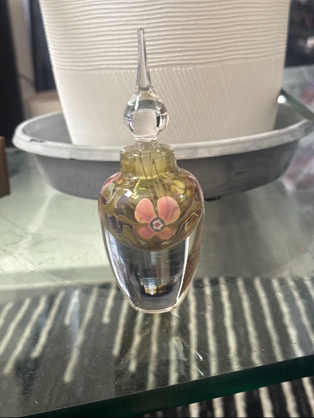 Art Glass Perfume Bottle with Pink Floral Motif